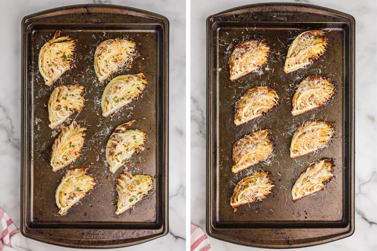 Side-by-side images of cabbage wedges on a baking sheet after roasting and being topped with parmesan cheese, and after returning to the oven for the cheese to melt and edges turn golden-brown.