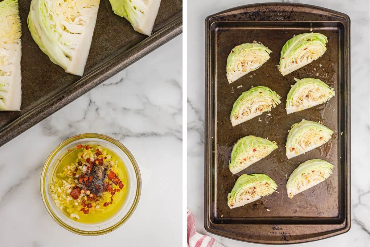 Two-photo collage showing cabbage wedges on a baking sheet and a small bowl of garlic, olive oil, and seasonings being prepared. Second image shows 8 wedges on baking sheet topped with the seasoned oil mixture.