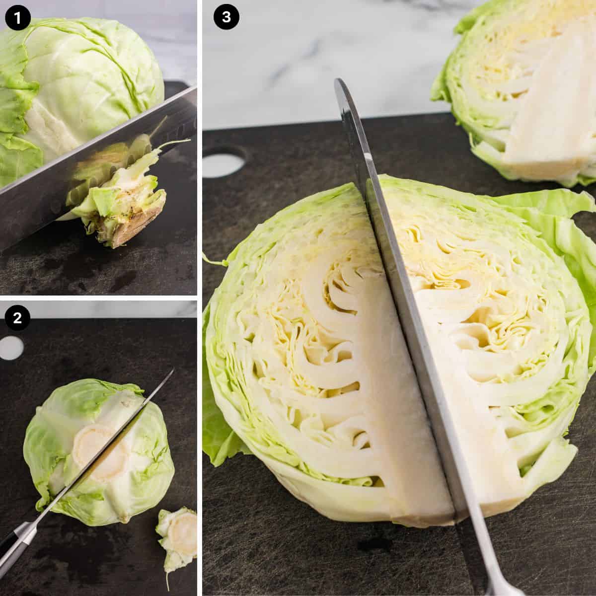 Three-step photo collage demonstrating how to slice cabbage into wedges: removing the rough stem, cutting the cabbage in half through the stem, then slicing in half again.