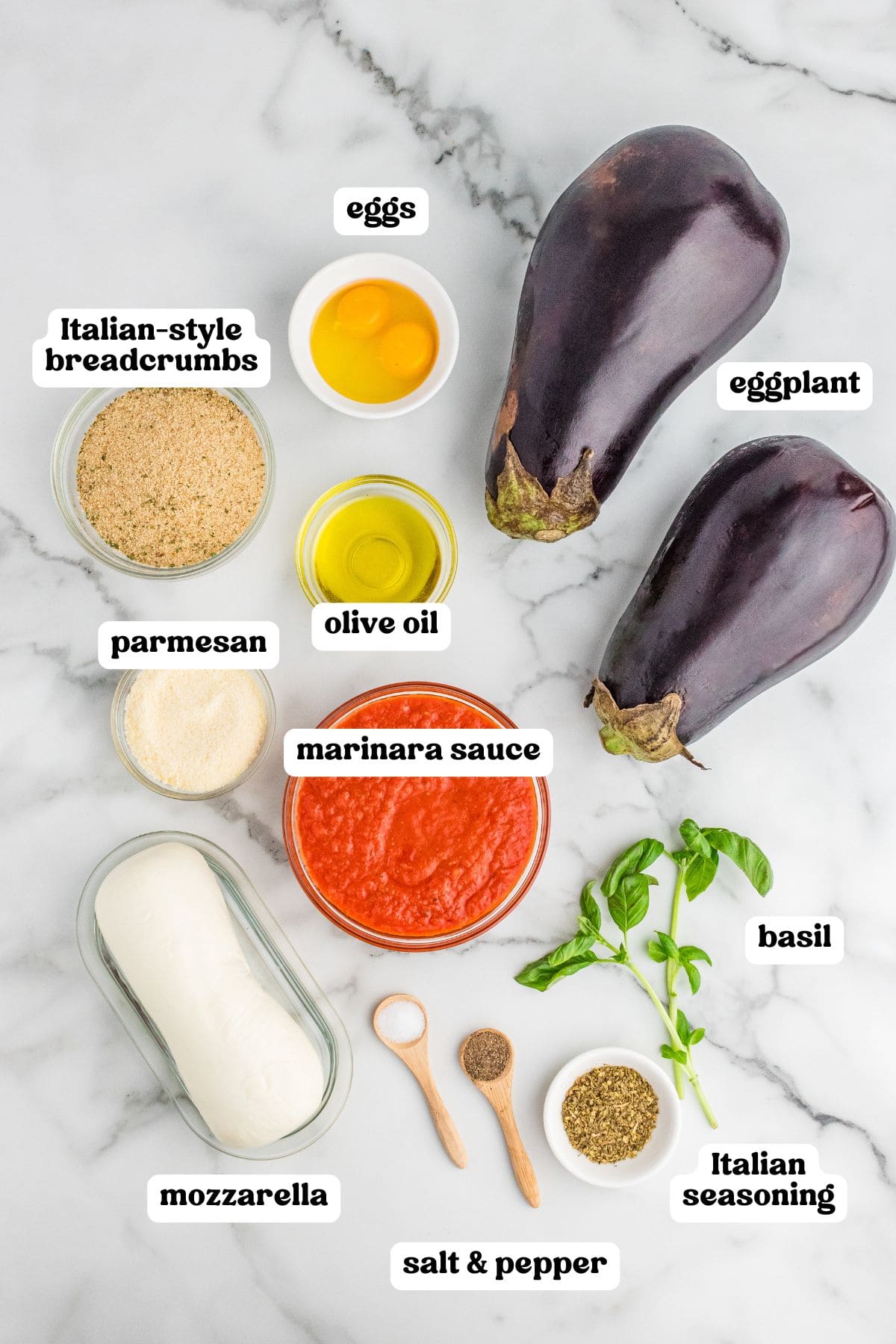 Overhead view of labeled ingredients for eggplant Parmesan: two whole eggplants, a bowl of marinara sauce, fresh mozzarella, grated parmesan, Italian-style breadcrumbs, olive oil, two eggs in a small bowl, a few sprigs of fresh basil, a small bowl of Italian seasoning, and wooden spoons holding salt and pepper.