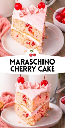 Collage pin with two cherry cake slices and text “Maraschino Cherry Cake.”