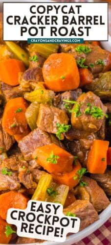 Collage pin featuring a close-up of crockpot pot roast with beef, carrots, and celery. Top text says "Copycat Cracker Barrel Pot Roast" and a label at the bottom reads "Easy Crockpot Recipe!"