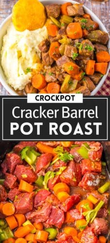 Collage pin with slow cooker pot roast before and after cooking. Text reads "Crockpot Cracker Barrel Pot Roast."
