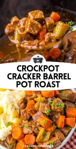 Collage pin with a close-up of a spoon lifting cooked beef, carrots, and celery from a slow cooker, and a second image of the finished dish with mashed potatoes. Center text reads "Crockpot Cracker Barrel Pot Roast."