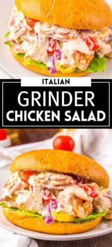 An Italian grinder chicken salad sandwich on a bun with text that reads “Italian Grinder Chicken Salad.”