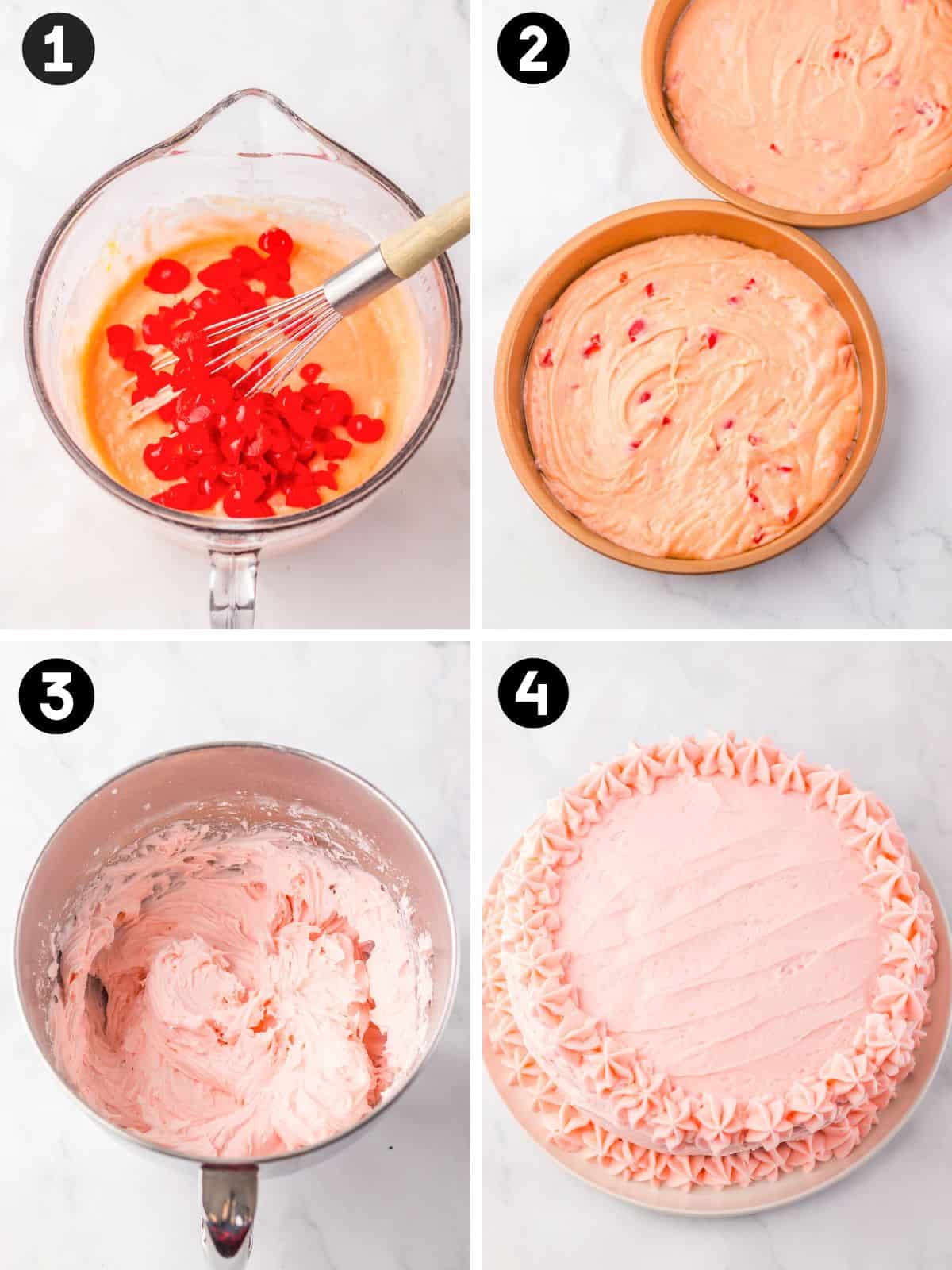 A four-image collage shows steps in making cherry chip cake: (1) chopped maraschino cherries being whisked into batter in a glass bowl, (2) two round pans filled with pink cherry-speckled batter, (3) pink frosting whipped in a metal bowl, and (4) the fully frosted cake.