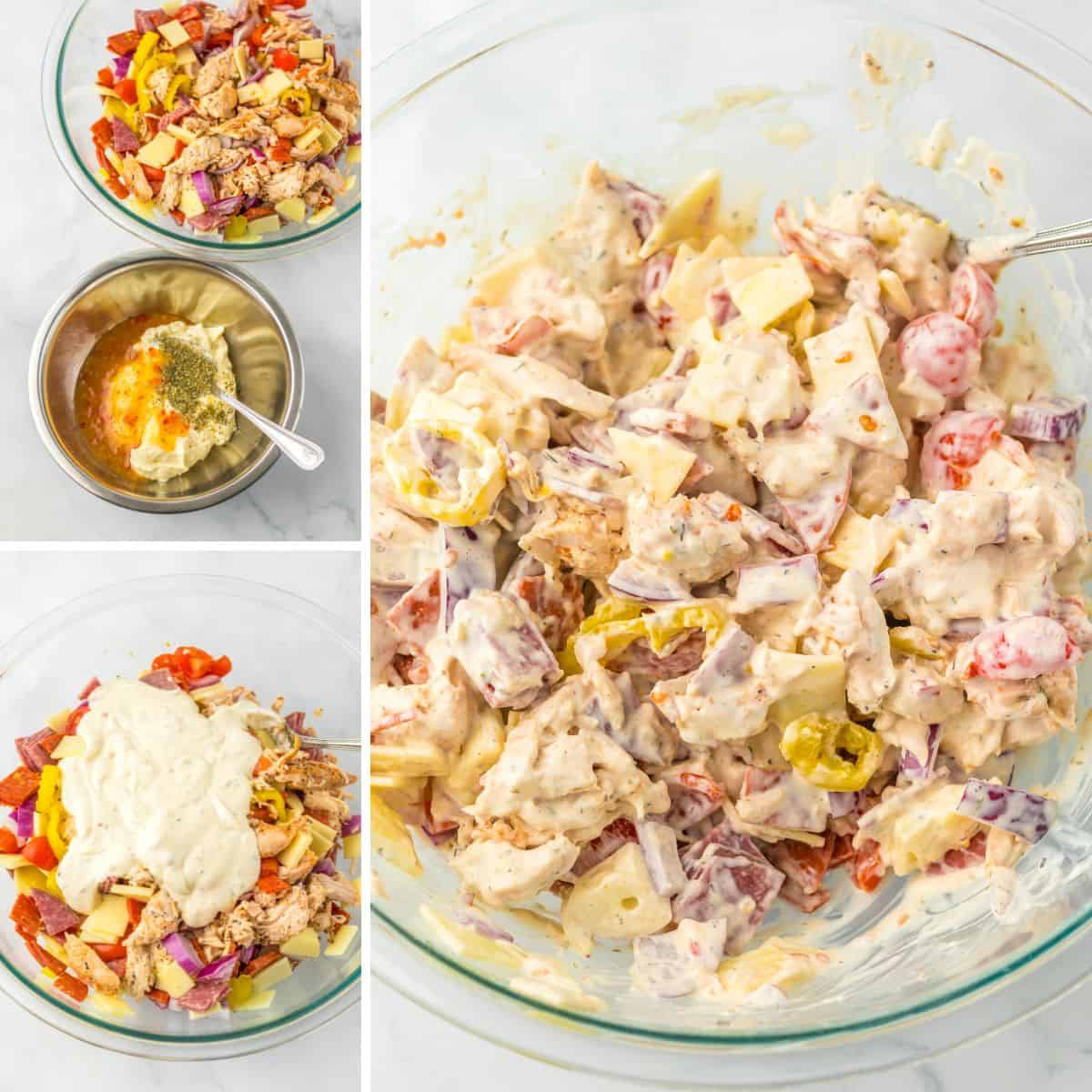 A collage pin with four images showing the steps of making Italian hoagie chicken salad: ingredients in bowls, the dressing being mixed, and the final creamy mixture in glass bowl