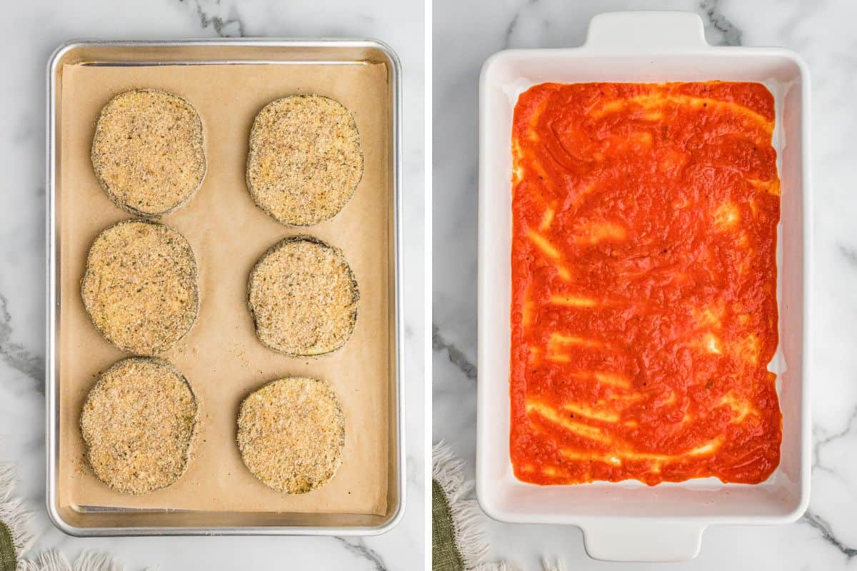 2 image collage. Left side shows six slices of breaded eggplant arranged on a parchment-lined baking sheet. Right side shows a white baking dish with a base layer of marinara sauce spread evenly.