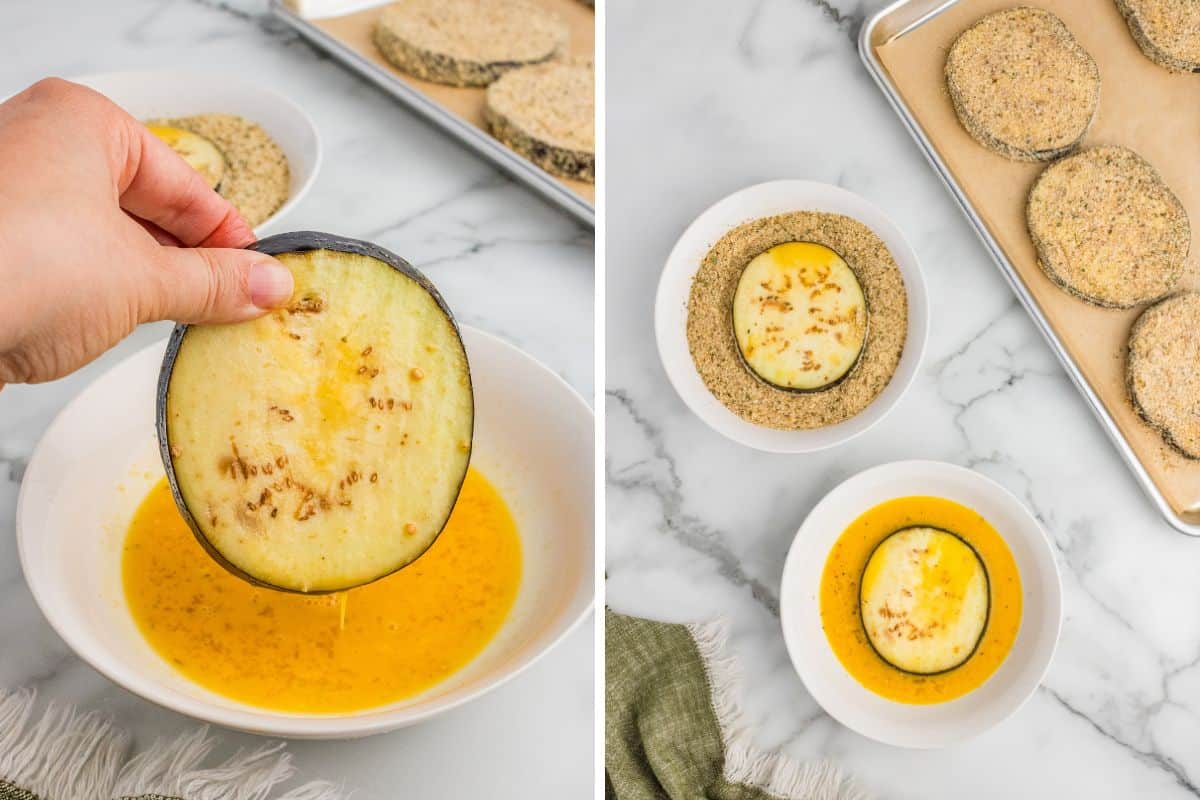 2 image collage. Left side shows a hand holding a raw eggplant slice dripping with beaten egg above a white bowl. Right side shows an eggplant slice being coated in breadcrumbs next to a tray of breaded slices and bowls of egg wash and breadcrumbs.