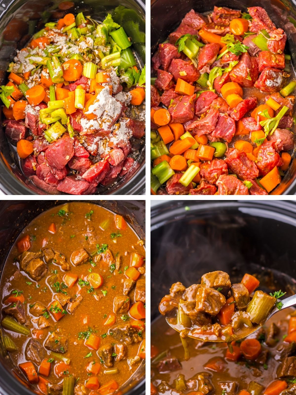 Collage of four images showing stages of crockpot pot roast preparation: raw stew beef, carrots, celery, and dry mixes in the slow cooker; ingredients stirred together; pot roast fully cooked in thick gravy; and a close-up of a spoon lifting a serving with beef, carrots, and celery.