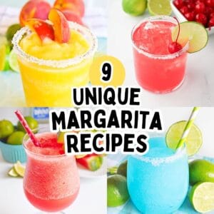 Collage pin with four colorful margaritas and the text "9 Unique Margarita Recipes."