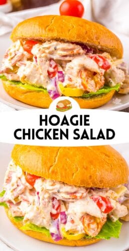 A collage pin featuring two photos of a creamy hoagie-style chicken salad sandwich, with the text “Hoagie Chicken Salad” and a small sandwich graphic.