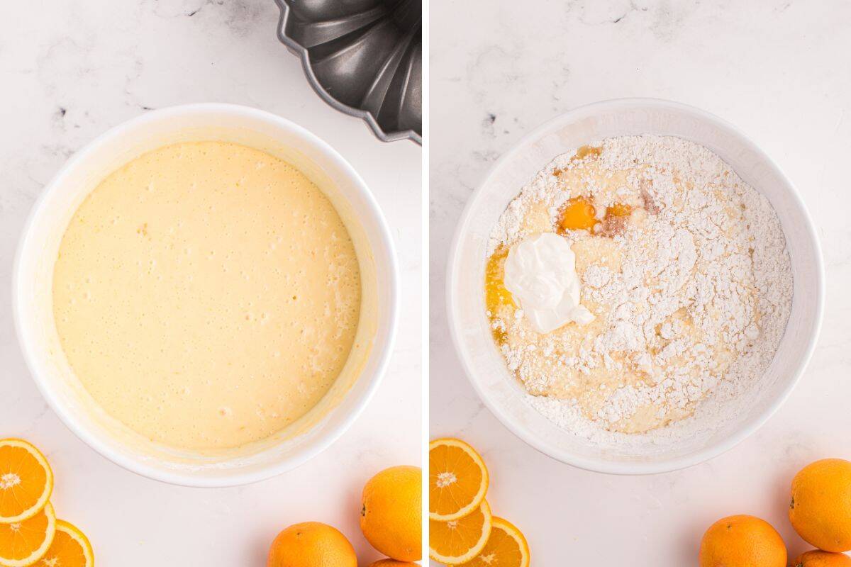 Side-by-side images showing a bowl of mixed batter and one of ingredients before mixing.