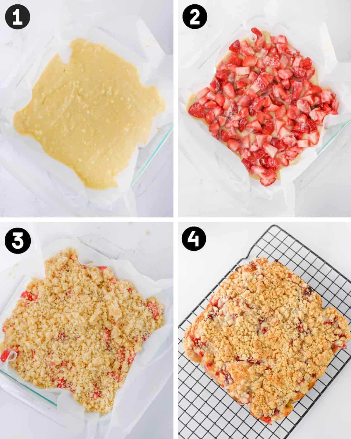 Collage of four images labeled 1 through 4, showing the steps of making strawberry crumb cake in a parchment-lined baking dish. Step 1: yellow batter spread in the dish. Step 2: chopped strawberries layered over the batter. Step 3: crumb topping sprinkled on top. Step 4: baked cake with golden brown crumb topping cooling on a wire rack.