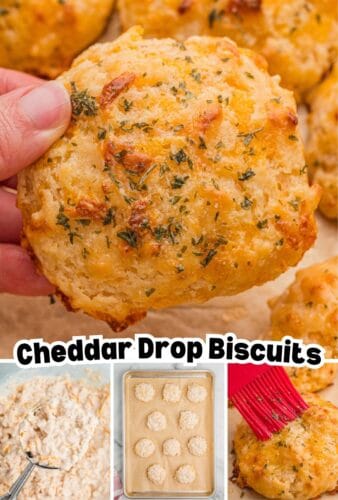 Collage pin with close-up of a cheddar biscuit, a hand holding one, unbaked dough on a tray, and batter in a scoop. Bottom text reads “Cheddar Drop Biscuits” with a recipe list overlaid in the center.