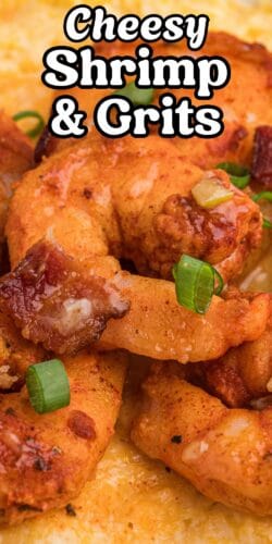 Collage pin with close-up shrimp and grits.