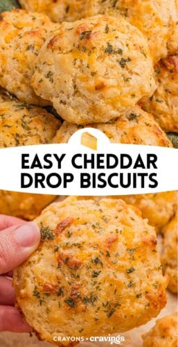 Split design showing a close-up of golden cheddar biscuits and a hand holding one. Centered text reads “Easy Cheddar Drop Biscuits”.