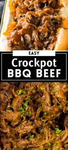 Collage pin with pulled beef sandwich and shredded beef in slow cooker. Text reads “Easy Crockpot BBQ Beef.”