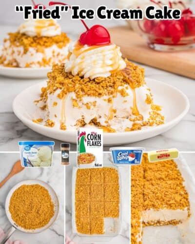 Collage pin showing ingredients and steps for fried ice cream. Text reads "‘Fried’ Ice Cream Cake."