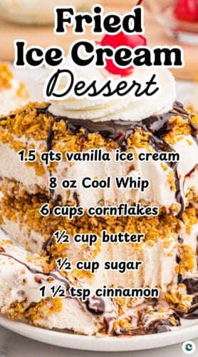 Close-up of fried ice cream dessert topped with chocolate syrup, whipped cream, and a cherry. Overlaid text lists ingredients: “1.5 qts vanilla ice cream, 8 oz Cool Whip, 6 cups cornflakes, ½ cup butter, ½ cup sugar, 1½ tsp cinnamon.”