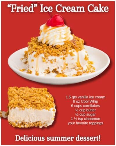 Collage with two views of fried ice cream. Text reads "‘Fried’ Ice Cream Cake" and lists recipe ingredients.