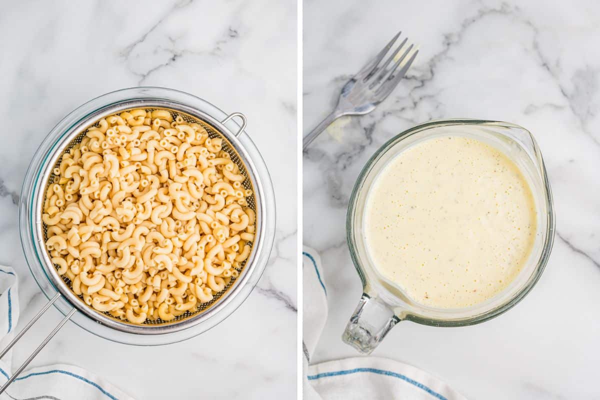 Side-by-side image showing a colander of drained elbow macaroni on the left and a glass measuring cup filled with creamy dressing on the right.