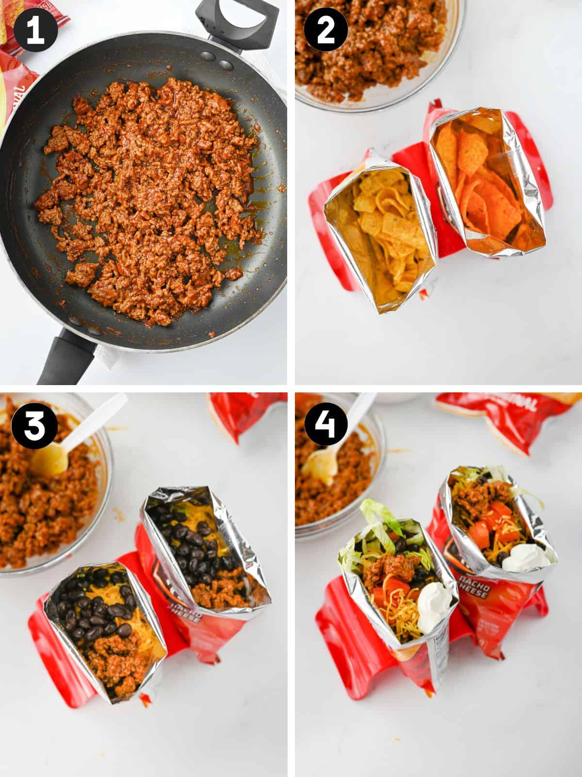 Four-step image showing how to make walking tacos. Step 1: cooked taco-seasoned ground beef in a skillet. Step 2: open bags of Fritos and Doritos. Step 3: bags filled with meat and black beans. Step 4: bags topped with lettuce, cheese, sour cream, and tomatoes.