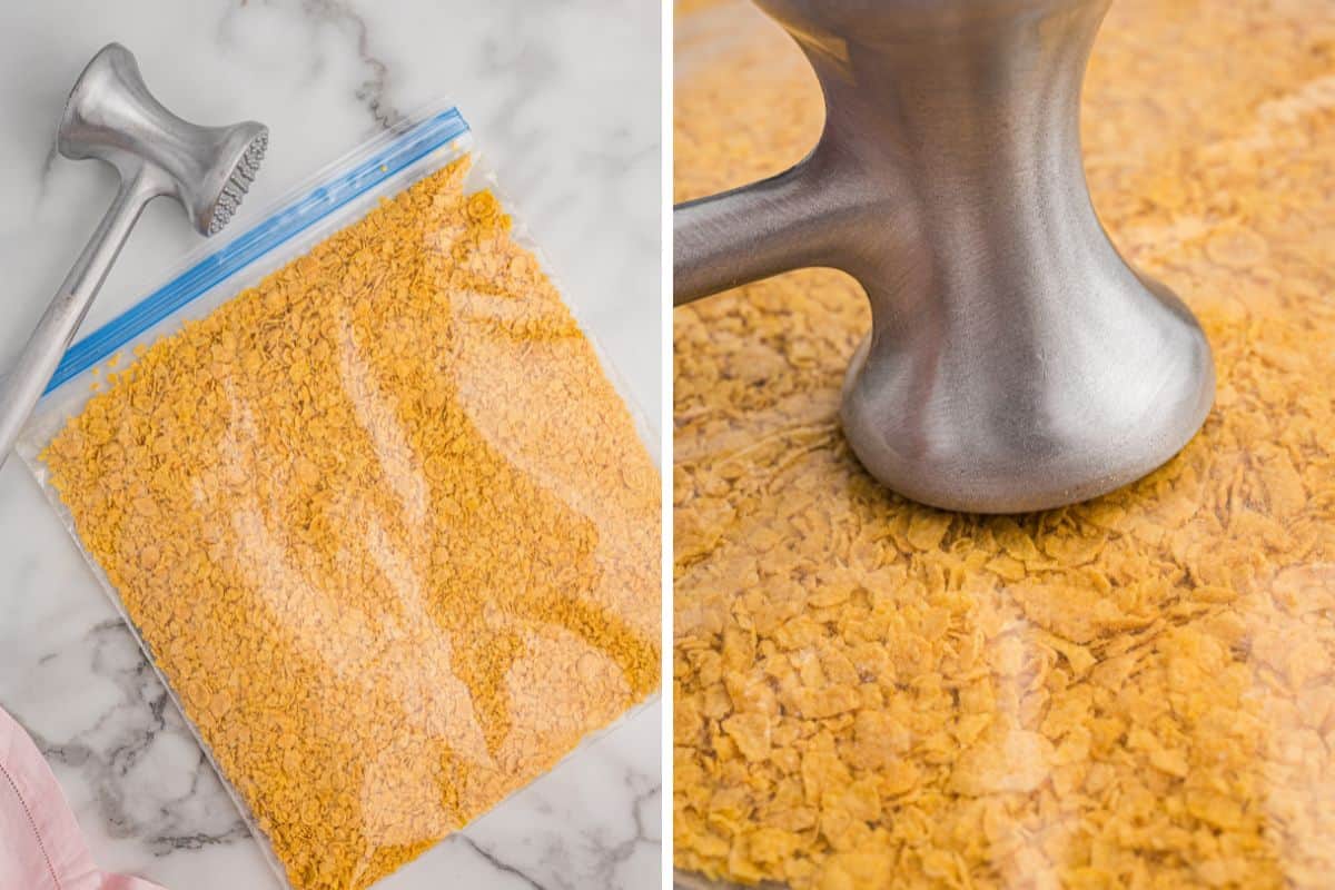 Side-by-side image showing whole cornflakes in a sealed plastic bag with a metal meat mallet beside it on the left, and a close-up on the right of the mallet pressing down to crush the flakes through the bag.