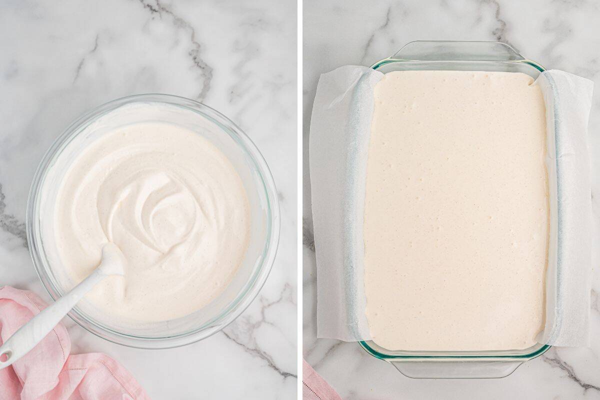 Two image collage of ice cream mixture in a bowl and spread in a lined glass dish.