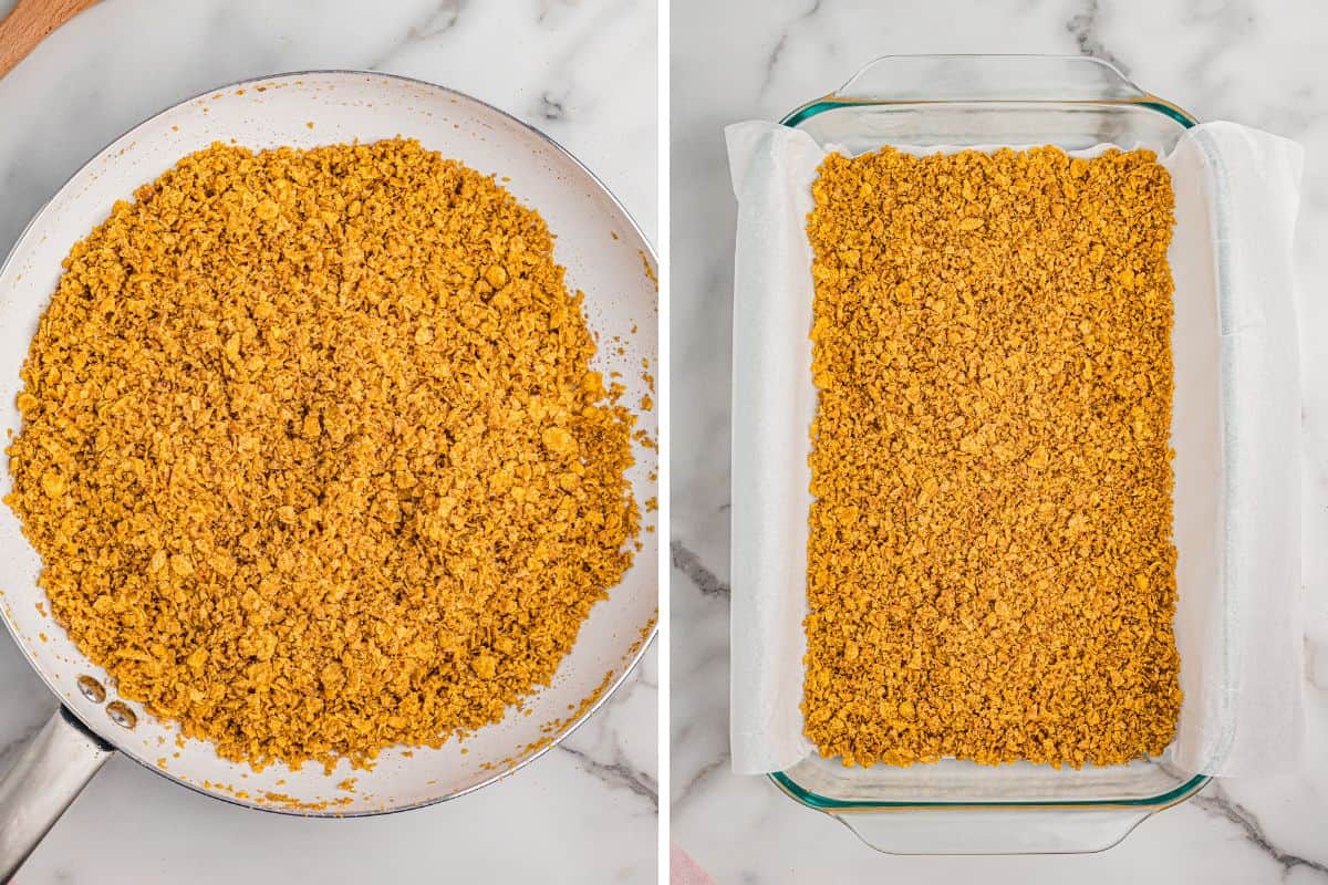 Side-by-side image showing golden toasted cornflake mixture in a skillet on the left, and the same mixture spread evenly in a parchment-lined baking dish on the right.