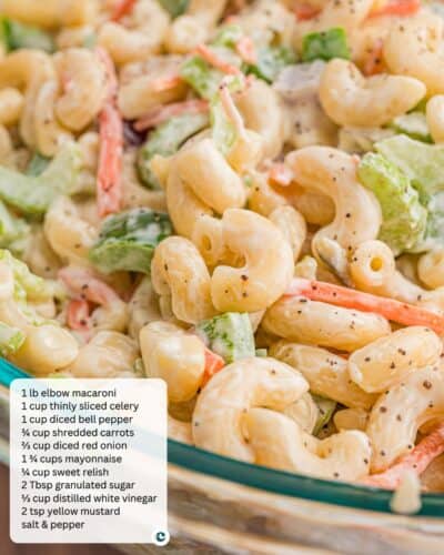 Old-fashioned macaroni salad with a text overlay listing ingredients such as elbow macaroni, celery, bell pepper, carrots, red onion, mayonnaise, sweet relish, sugar, vinegar, mustard, salt, and pepper.