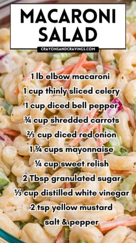 Macaroni salad shown in the background with a text overlay listing ingredients including elbow macaroni, celery, bell pepper, carrots, red onion, mayonnaise, sweet relish, sugar, vinegar, mustard, salt, and pepper.
