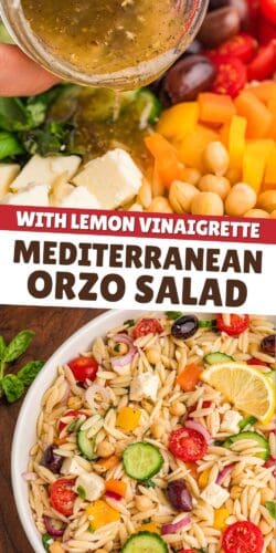 Orzo salad recipe collage pin with dressing being poured and a bowl of orzo pasta salad, labeled “Mediterranean Orzo Salad.”