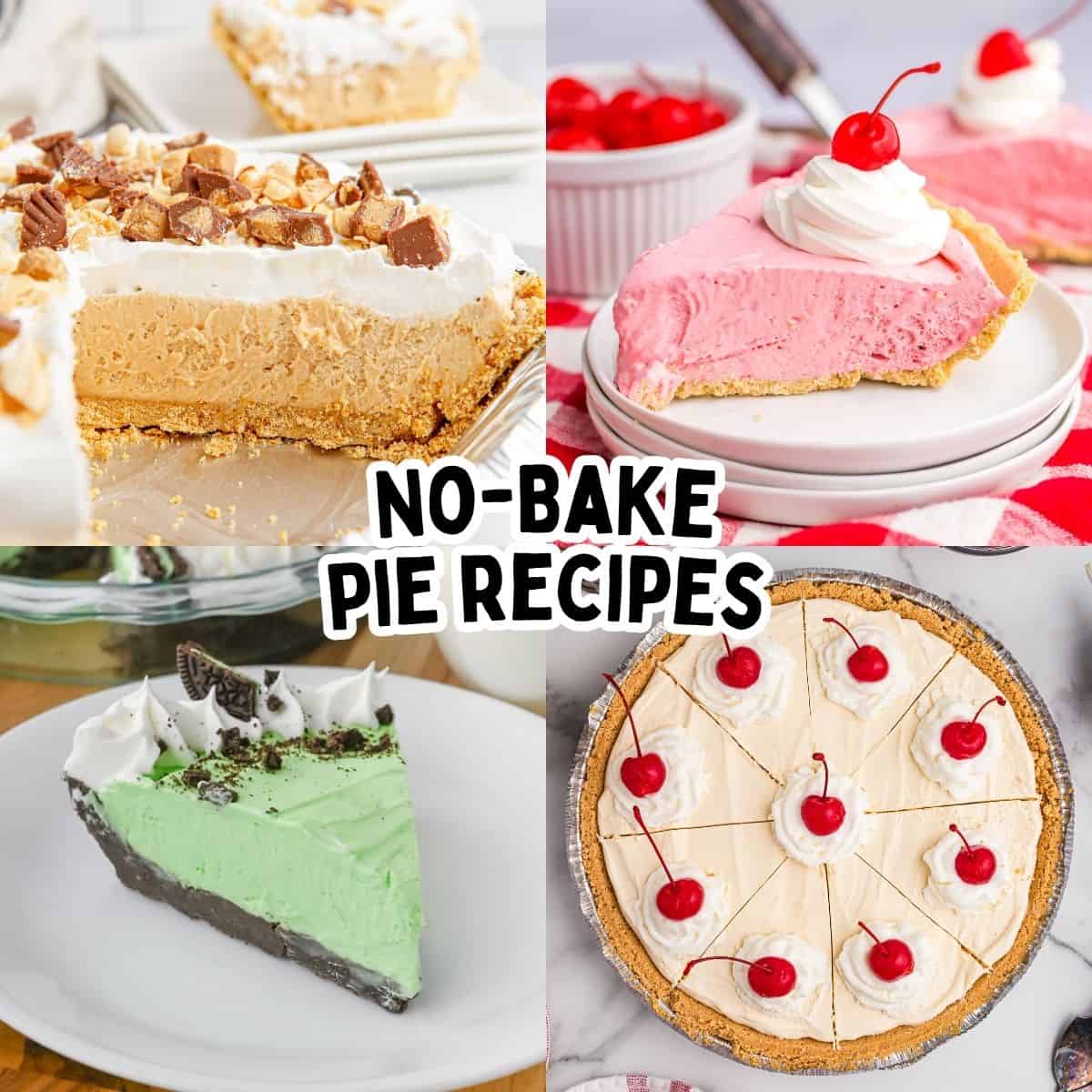 Collage pin with four no-bake pie photos. Text reads "NO-BAKE PIE RECIPES."