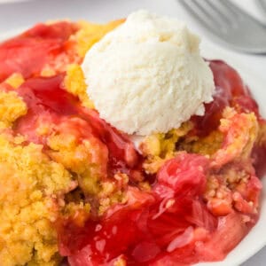 Rhubarb dump cake with vanilla ice cream.