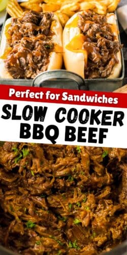 Collage pin with BBQ Beef sandwiches and shredded beef in crockpot. Text reads “Perfect for Sandwiches – Slow Cooker BBQ Beef.”