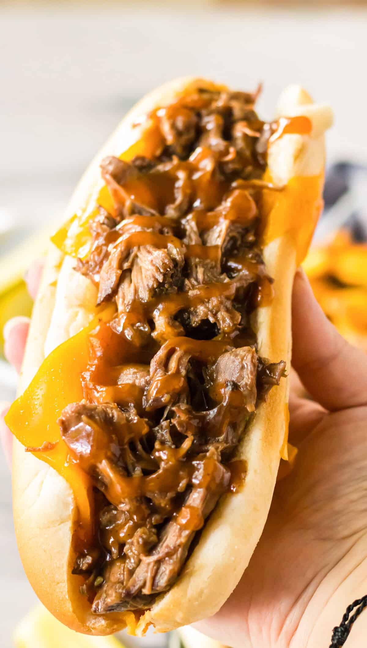 Hand holds a shredded BBQ beef sandwich.