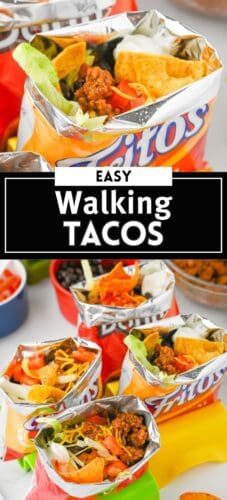 An easy walking taco pin showing a close-up of a walking taco in a Fritos bag and several other walking tacos with toppings such as sour cream, shredded cheese, beans, and lettuce.