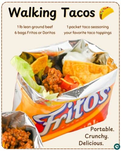 Walking taco served in a Fritos bag, topped with lettuce, meat, cheese, black beans, tomatoes, and sour cream. Text reads: "Walking Tacos. 1 lb lean ground beef, 6 bags Fritos or Doritos, 1 packet taco seasoning, your favorite taco toppings. Portable. Crunchy. Delicious."