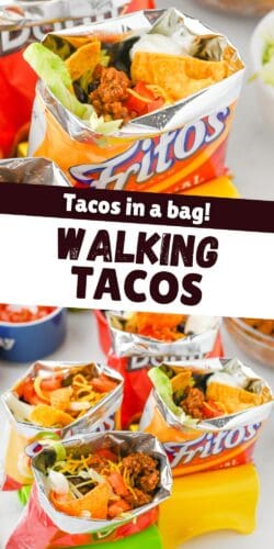 Collage pin with multiple open Fritos and Doritos bags filled with taco meat, lettuce, tomatoes, cheese, chips, and sour cream. Text reads: "Tacos in a bag! Walking Tacos."