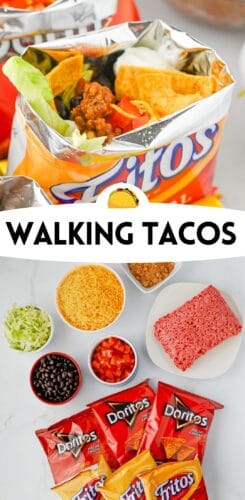 Collage pin showing a close-up of a walking taco in a Fritos bag at the top and laid-out ingredients at the bottom, including shredded cheese, taco seasoning, ground beef, black beans, chopped tomatoes, shredded lettuce, and assorted chip bags. Text reads: "Walking Tacos."