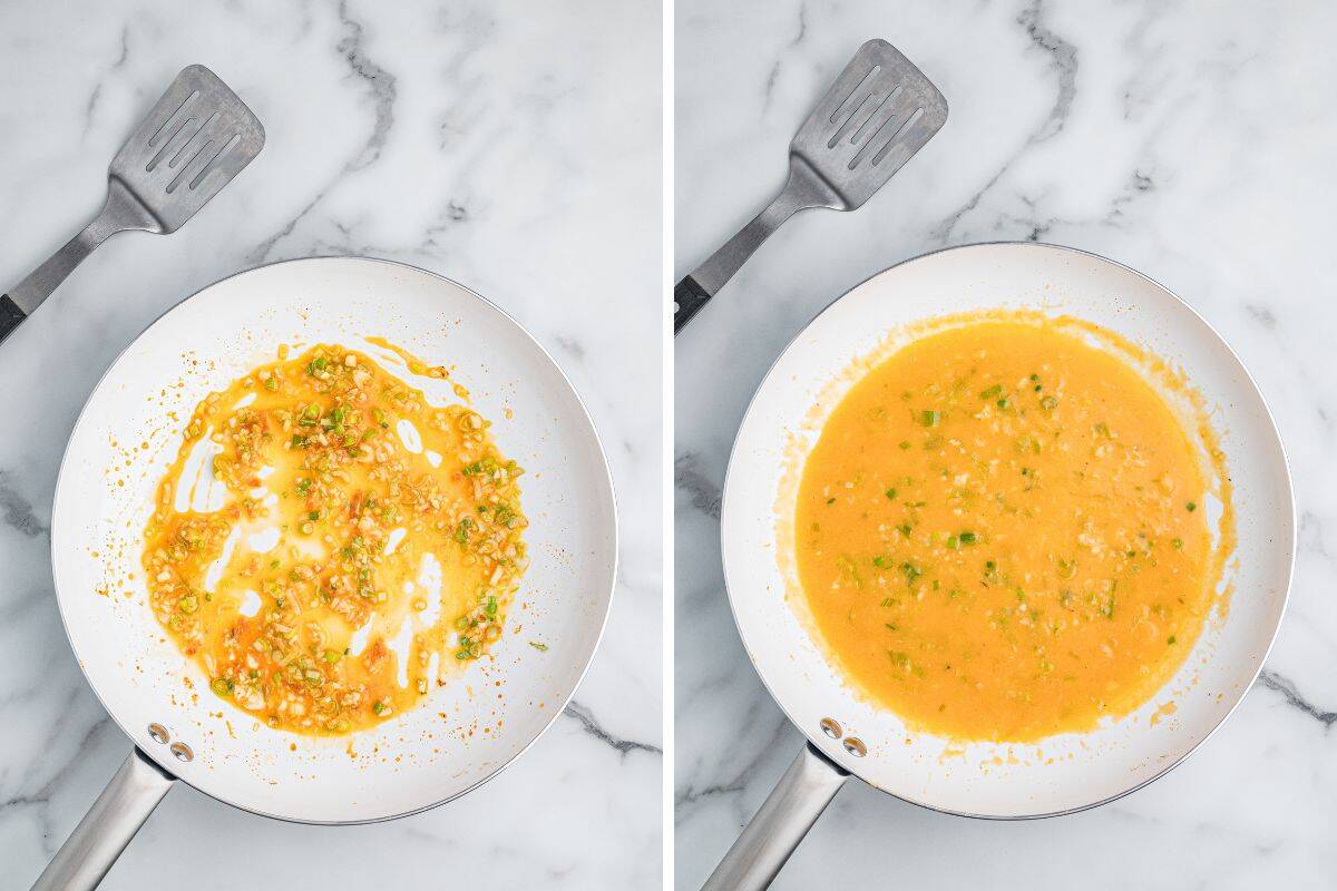 A pair of images showing a white skillet during the process of making sauce. The left image shows garlic and chopped scallions sautéing in orange-colored liquid, and the right image shows the mixture thickened into a more uniform orange sauce.