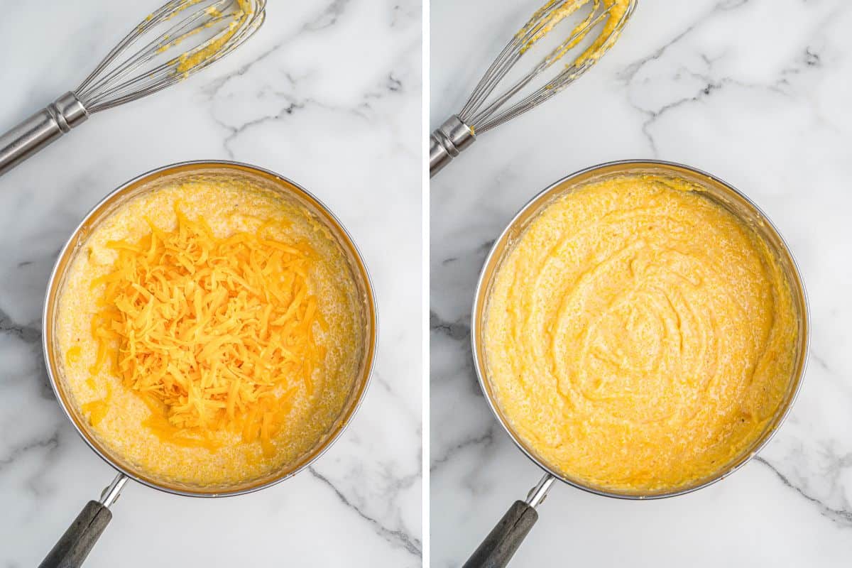 Side-by-side images showing cheesy grits in a saucepan before and after mixing.