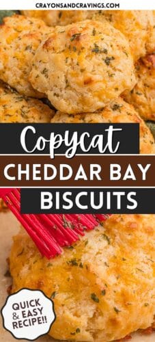 Collage showing golden cheddar biscuits and a red brush applying butter. Bold center text reads “Copycat Cheddar Bay Biscuits” with a “Quick & Easy Recipe!!”.