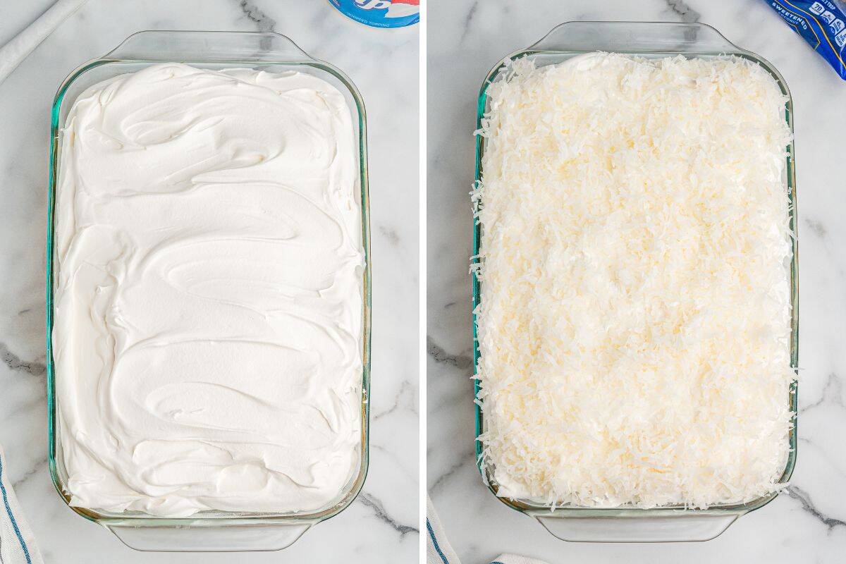 Side-by-side image of a coconut cream poke cake in a glass baking dish; the left side shows it freshly spread with whipped topping, and the right side shows it fully topped with shredded coconut.