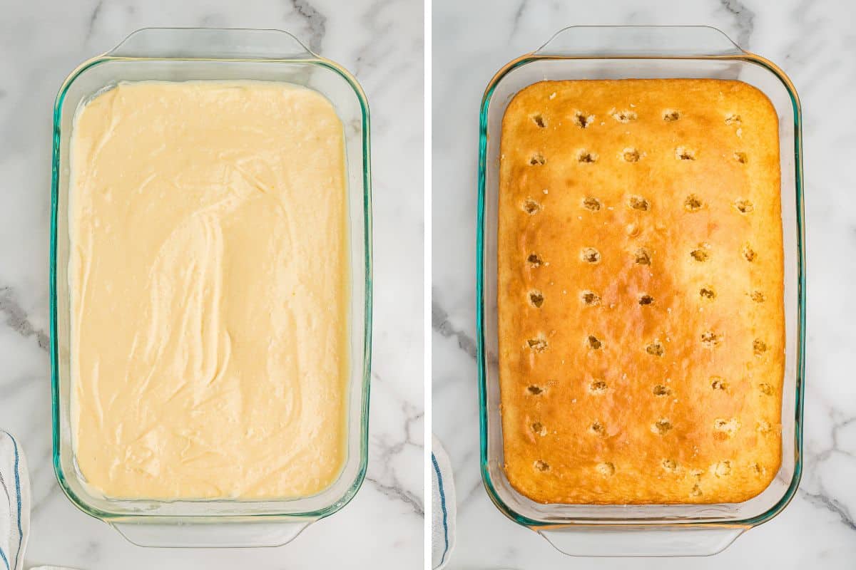 Side-by-side image showing the coconut poke cake process: the left side displays the raw batter in a glass baking dish, and the right side shows the baked cake with evenly spaced holes poked on top, about 1-2 inchese apart.