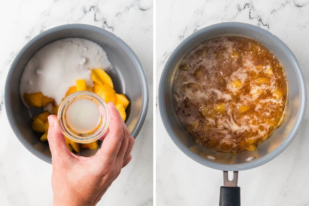Two side-by-side images showing the jam making process: the left image shows a hand holding lemon juice above a pot containing peaches and sugar, and the right image shows the mixture simmering and bubbling in the pot.