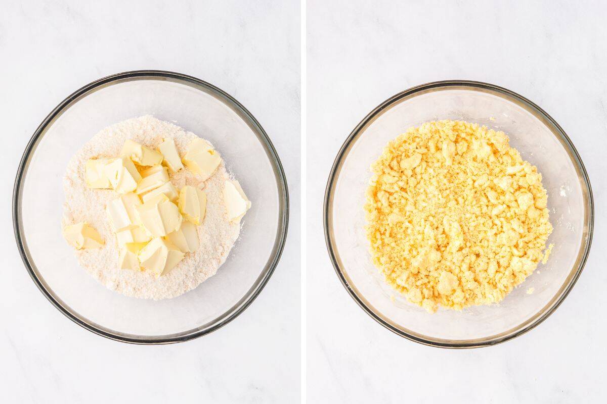 Two side-by-side bowls showing cake mix and butter before and after mixing.