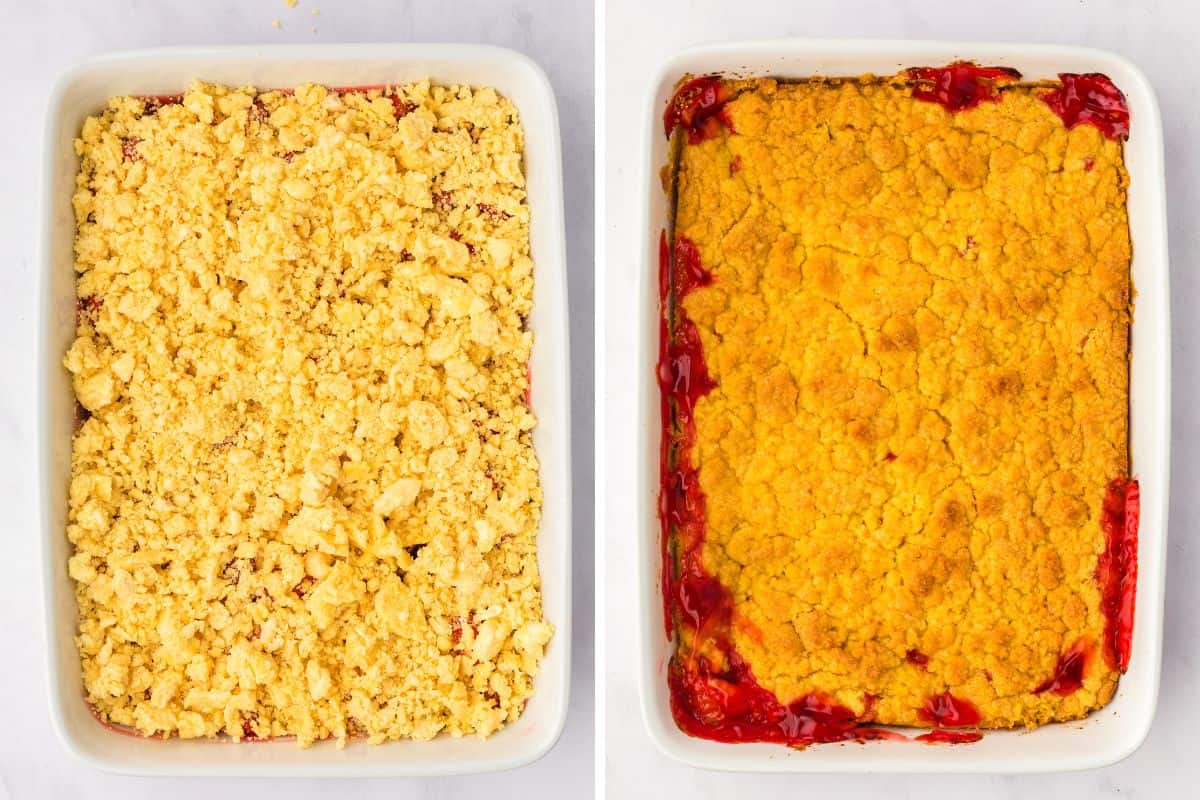 The left image shows an unbaked rhubarb dump cake in a white dish, topped with an even layer of yellow crumb mixture. The right image shows the same dish after baking, with a golden brown top and red filling bubbling at the edges.