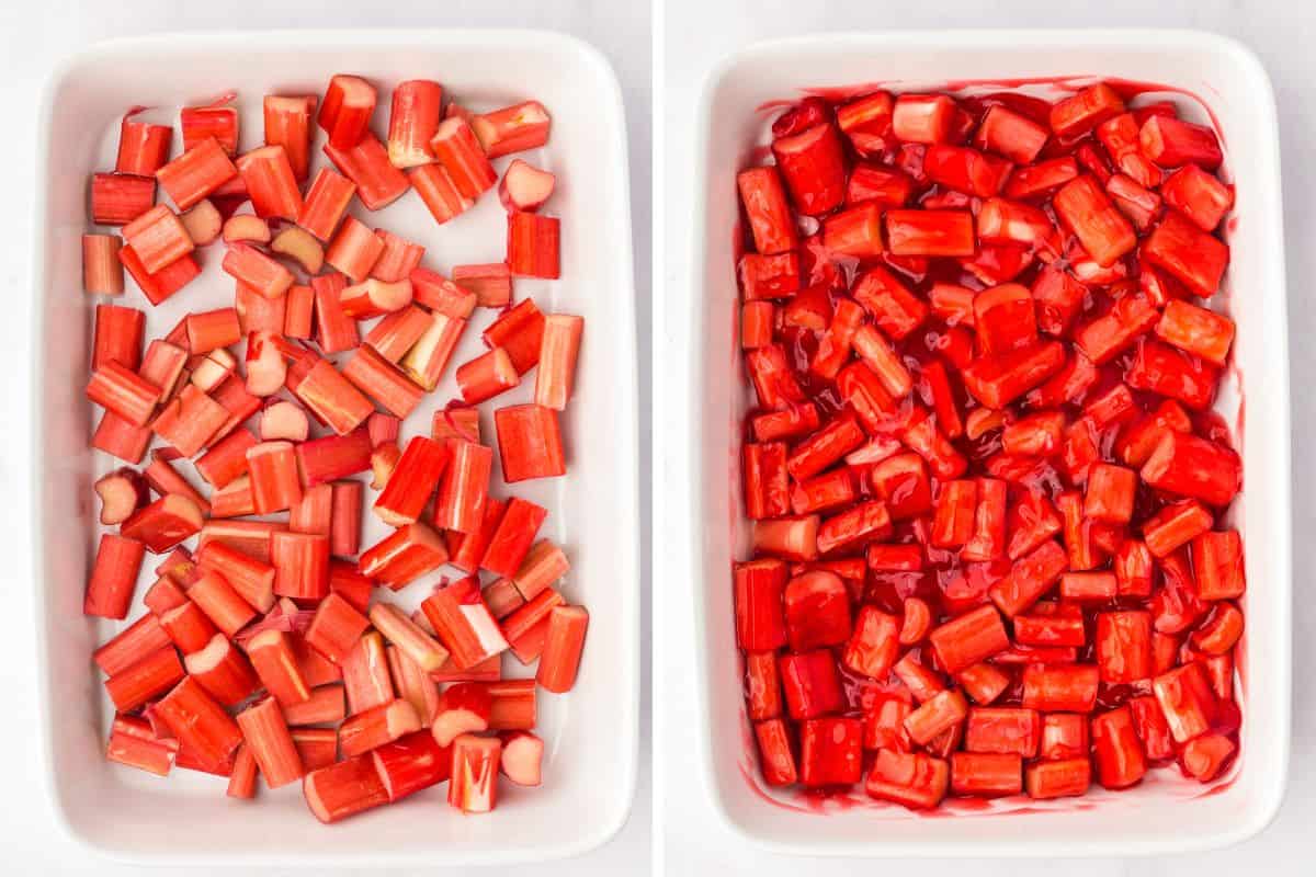 Two side-by-side images showing rhubarb in a baking dish before and after mixing in strawberry jelly.